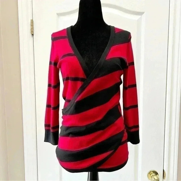 Ricki’s Wrap Front Sweater Deep V Neckline Thin Knit Red Black Stripes XS - Picture 15 of 15